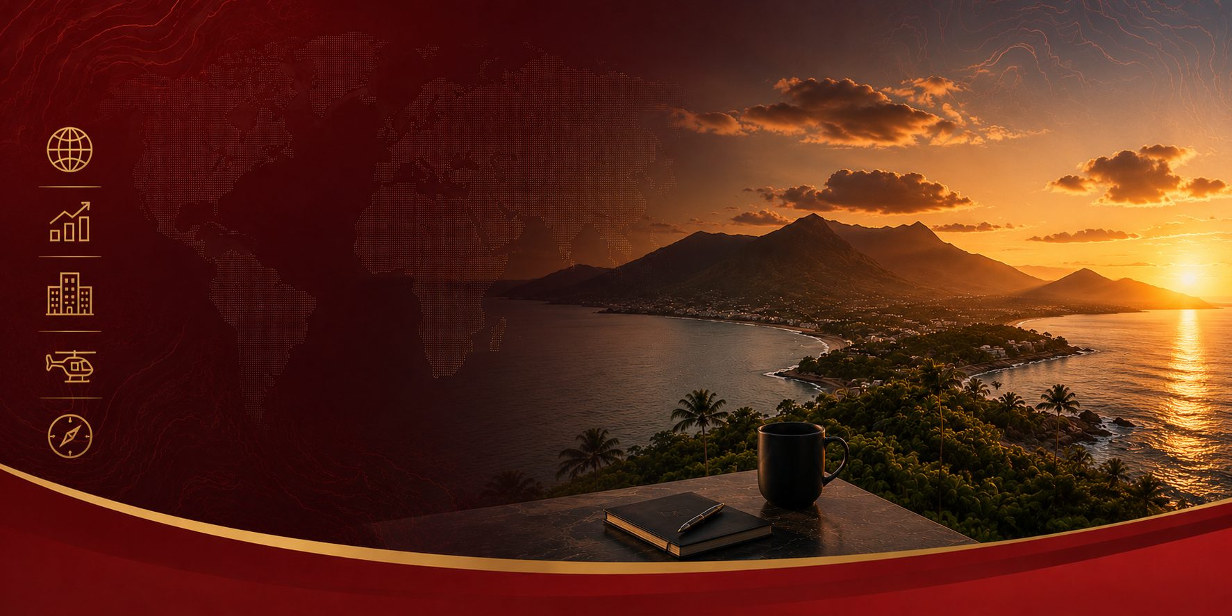 Sunset view over a coastal, mountainous landscape in Costa Rica, with a notebook, pen, and coffee mug resting on a terrace ledge in the foreground.